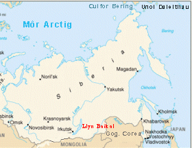 lleoliad Llyn Baikal a Chulfor Bering